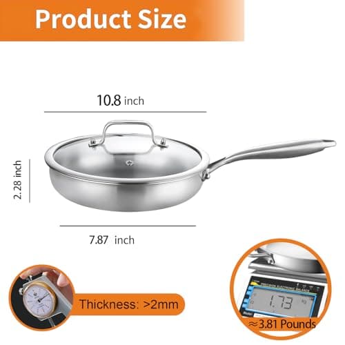 DELARLO Full-Body Triple-Layer Stainless Steel Frying Pan with Lid, Induction Frying Pan, Oven-Safe, Suitable for All Hobs (Detachable Handle)