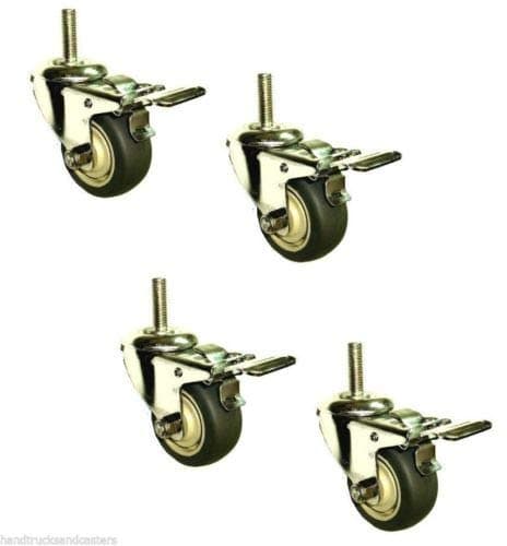 Set of 4 Stainless Steel Swivel Stem Caster with 3" Gray Rubber Wheel and Brake
