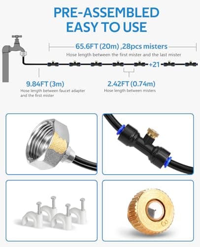 HOMENOTE Misting Cooling System 75.46FT (23M) Misting Line + 34 Brass Mist Nozzles + a Brass Adapter(3/4) Outdoor Mister for Patio Garden Greenhouse Trampoline for waterpark