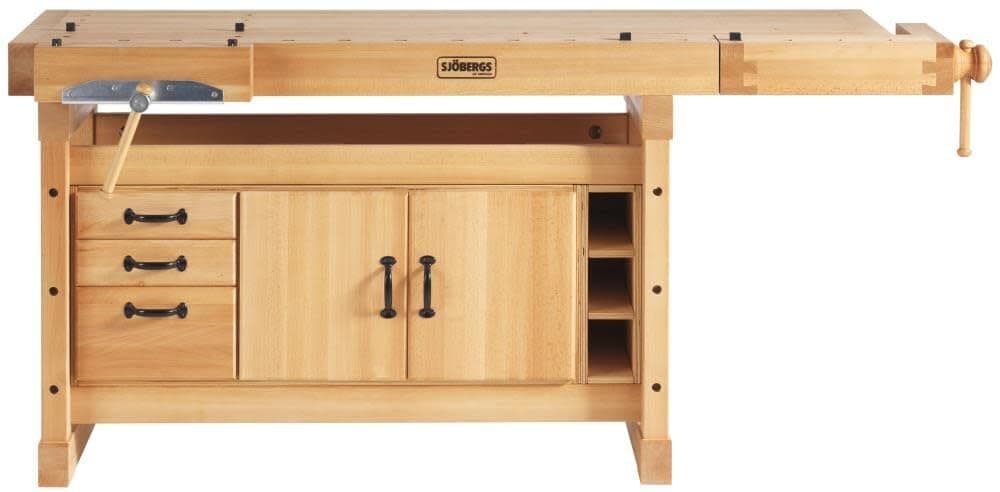 Sjöbergs Original 1900 Professional Woodworking Workbench – Solid One-Piece Beech Wood Top, Clamping Platform, Storage Cabinets & Drawers – Large (95”) Work Surface, SJO-67637K