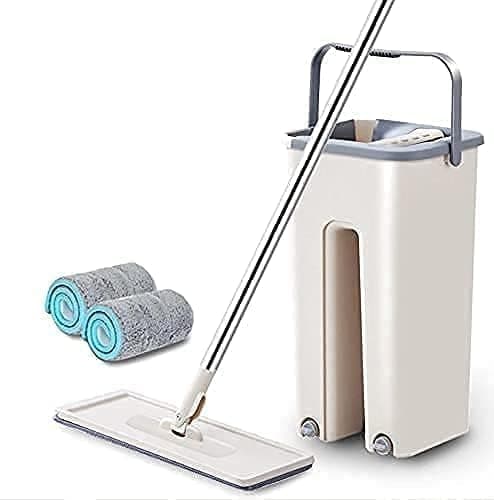 Heavy Quality Floor Mop with Bucket, Flexible Kitchen Tap Flat Squeeze Cleaning Supplies, 360° Flexible Mop Quiet, 2 Reusable Pads, White, Microfiber, Adjustment Office Home, Room (White)