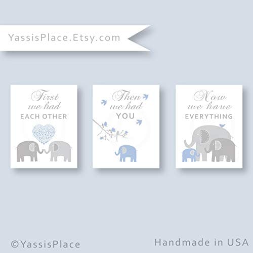 NNNNOOO Blue and Gray CANVAS Art Elephant Nursery Decor Baby boy Decor Kids Wall Art Baby Gift First we had each other 8x10 inches Set of 3