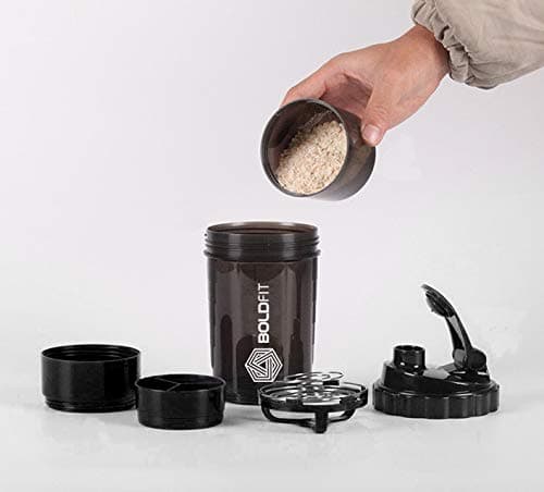 Boldfit Gym Spider Shaker Bottle 500ml with Extra Compartment, Ideal for Protein, Preworkout and BCAAs, BPA Free Material Sipper Bottle (Black)