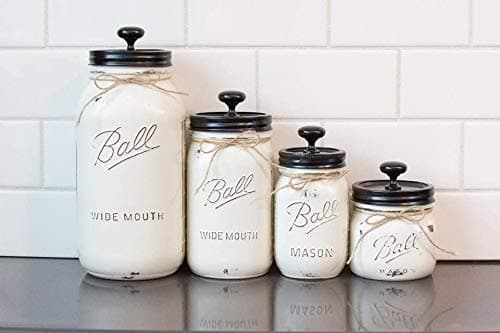 4 Piece Mason Jar Canister Set (Old White, Black Lid)