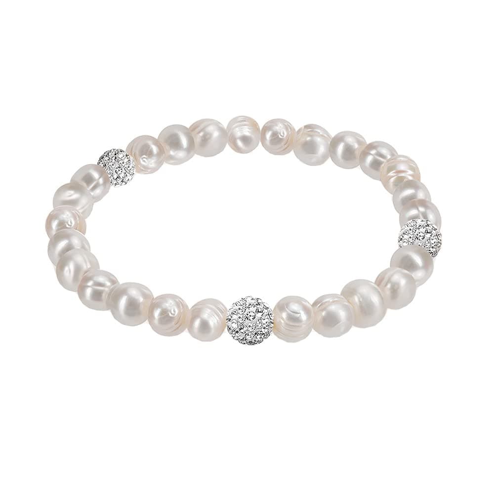 8MM Cultured Freshwater Natural White Pearl Crystal Bead Stretch Bracelet 7 inches for Women & Girls Comes with Gift Box