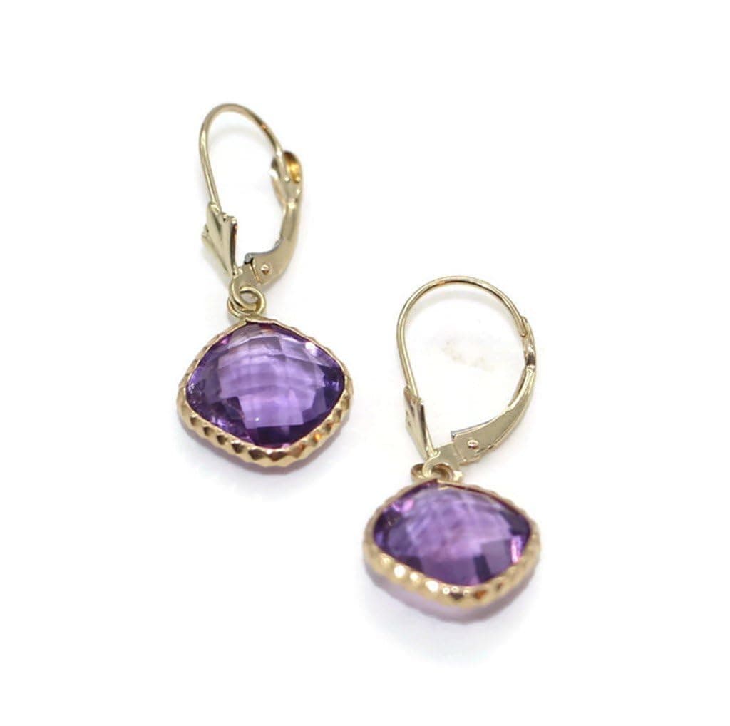 Amethyst Cushion-Cut Fancy Dangle Earrings,14K Yellow Gold Leverbacks