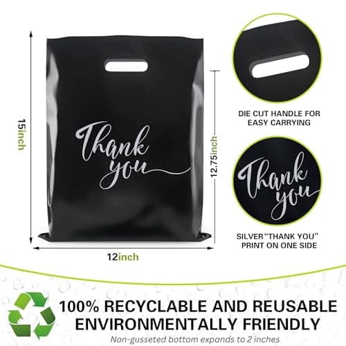 Rainbows & Lilies 100 Thank You Plastic Bags with Handles - 12"W x 15"H Thick Reusable Bulk Shopping Bags for Small Business, Retail, Boutique, Merchandise, Clothes, Gifts, Goodie Party Favors (Black)