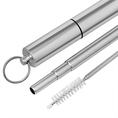 Stainless Steel Reusable Straws - Metal Collapsible Straw Portable Folding Travel Drinking Straws for Coffee and Tea with Aluminum Case for Keychain with1 Foldable Telescopic Cleaning Brush (1 Pack)