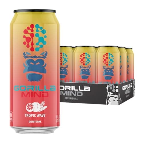 Gorilla Mind Energy Drink | Unmatched Energy · Amplified Focus | N-Acetyl-L-Tyrosine, Alpha-GPC, 200mg Caffeine, Uridine, Saffron | 0 Sugar Or Artificial Colors | 16oz, 12-Pack (Tropic Wave)