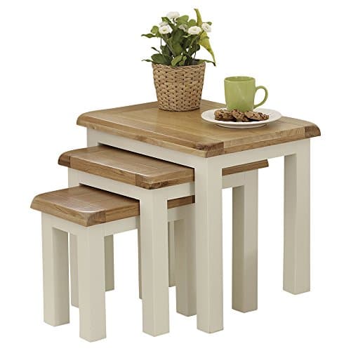 The Furniture Market Cotswold Cream Painted Nest of Three Coffee Tables with Oak Tops - Premium Quality Cream Painted Side Tables - Natural Oak Tops with Satin Lacquer - H 500mm x W 550mm x D 400mm