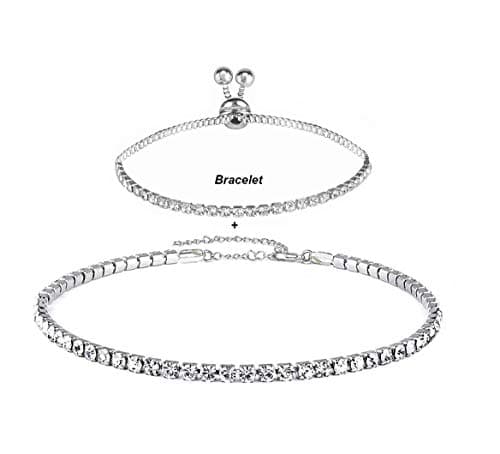 1 Row Rhinestone Choker Necklace Adjustable Brass Chain Crystal Choker for Women Silver Tone with Bracelet
