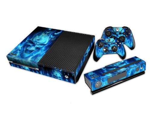 Skin for Xbox One Sticker Decal for X1 Custom Protective Stickers Xbox 1 Modded Game Accessories Console Kinect Sensor Vinyl Case Skins and 2 Wireless Remote Controllers - Blue Fire Skull