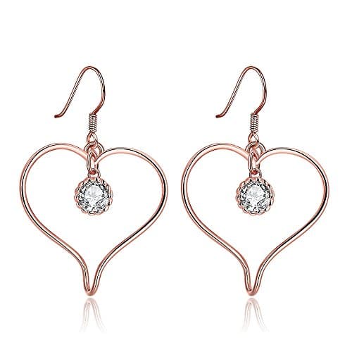 HOSBY 18K Rose Gold Plated Heart Shape Dangle Earrings with Zircon for Women