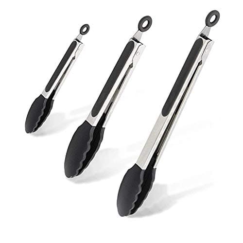 Kitchen Tongs,Ruigo Non Stick Stainless Steel Silicone Tongs, Set of 3-7,9,12 inch,High Heat Resistant Locking Thongs with Rubber Tipped Tongs for Cooking Barbecue Grilling (Black)