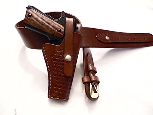 Shotgun Lilli Western Plain Gun Belt with Holster #59 - Burgundy - Tooled Leather - for 1911 Colt, Springfield, Kimber, TISAS, and Others