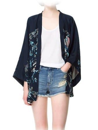 richmondcup Phoenix Printed Thin Section Loose Kimono Chiffon Long-Sleeved Coat with Lining Navy