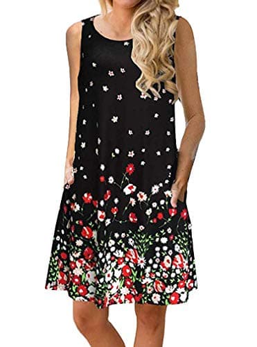 SherosaWomens Summer Floral Print Sundress Short Sleeve Pockets Casual Loose Swing T-Shirt Dress