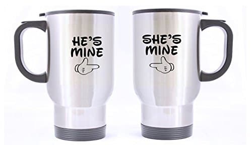 Romantic Design He's Mine/She's Mine (Twin Side) Custom Travel Coffee/Tea Mug (Sliver/14Ounce)A Couple Of Mugs For Couples(Wedding Anniversary,Valentine's Day,Engagement)