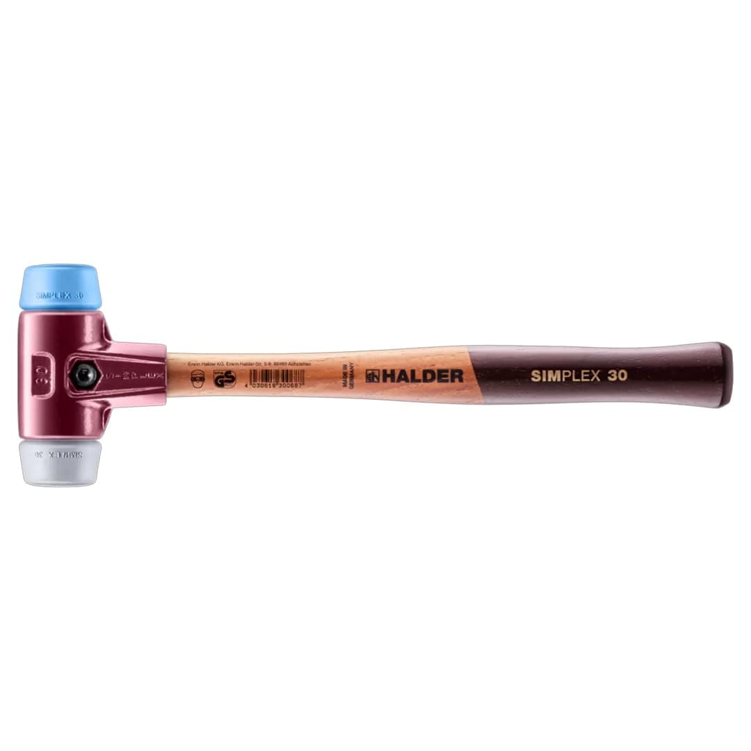 Halder Simplex Soft-Face Mallet 3013.030 - TPE-Soft Insert, TPE-Mid Insert, Cast Iron Housing with Handle Protection Sleeve, Varnished Wooden Handle, 30mm, .75 lbs.