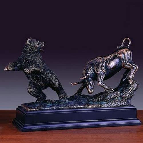 Bronze Finished Resin Sculpture Stock Market Bear & Bull 13" W X 9.5" H
