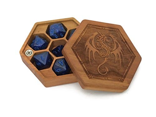 Elderwood Academy Pocket Sized Hex Dice Wood Chest with Magnetic Lid - Perfect for DND, Magic The Gathering Dice Counters and Any Other Tabletop Games (Cherry / Dragon)