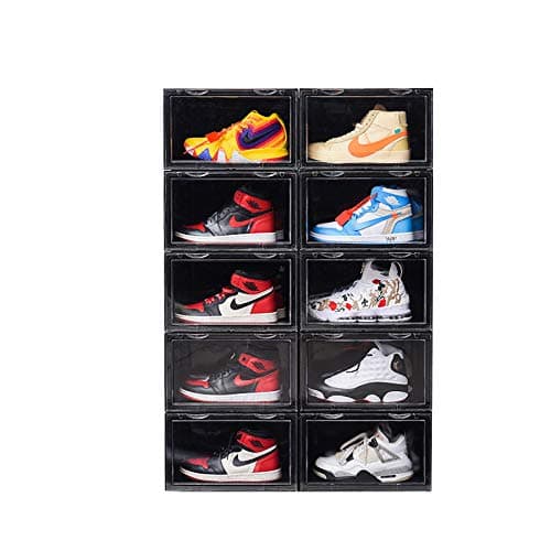 K.T.Z Magnetic Side Open Transparent Plastic Storage Shoe Box Stackable Foldable Storage Shoe Box Sneaker Storage Box Clear Plastic Shoe Boxes Size:14.2X11X8.7 Inch (D Style Black, 10 PCS)