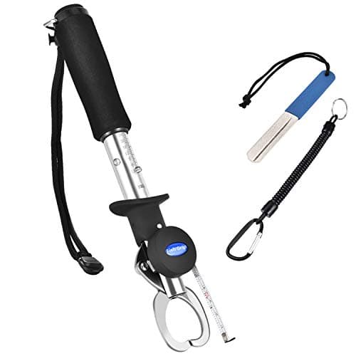 FIRINER Fish Gripper with Scale and Ruler 3 in 1 Portable Stainless Steel Fish Lip Grabber Tool Set Max 33lbs Weight Scale Including Lure Gear Fishing Hook Sharpener and Lanyard Grip