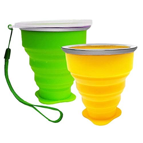 Unbreakable Silicone Collapsible Travel Cup, Erlsig Portable Folding Mug with Lid for Outdoor Camping Hiking-Yellow+Green