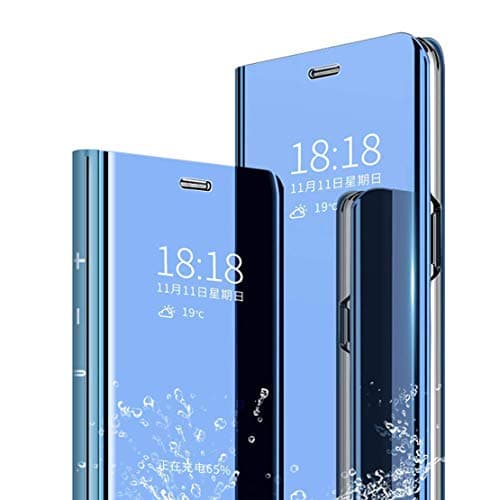 LANYOS Compatible Samsung Galaxy S8 Plus Flip Case，Full Body Protection Translucent Electroplate Plating S-View Mirror Cover Built in Kickstand (Blue)