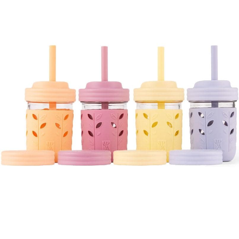 – Kids & Toddler Cups | The Original Glass Mason Jars 8 oz with Silicone Sleeves & Silicone Straws with Stoppers | Smoothie Cups | Spill Proof Sippy Cups for Toddlers | 4 Pack