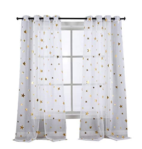 sgofais Gold Star Foil Print Sheer Curtains Grommets Top Window Treatment for Girl Bedroom Glitter Stars Thin and Soft Curtains Panel for Kids Room 54W by 84L inch ，2 Panles