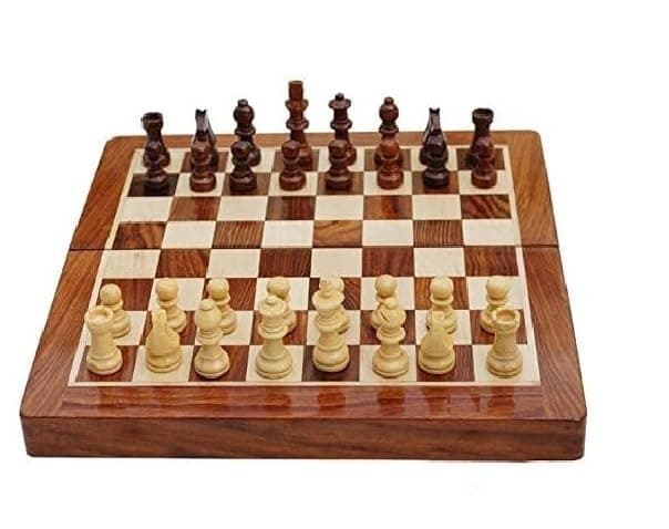BCBESTCHESS Wooden Handcrafted Foldable Magnetic Chess Board Set with Magnetic Pieces and Extra Queens for 2 Players Kids and Adults (10x10 Inches Brown)