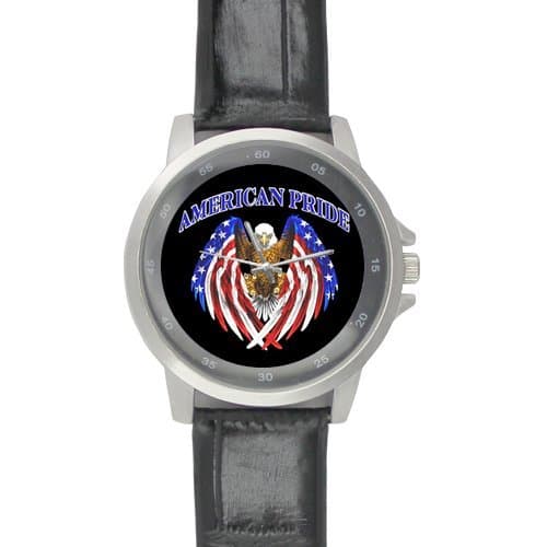 Awesome Bald Eagle with American Flag Design, America Pride Custom Unisex Stainless Steel Leather Strap Watch Metal Case, Tempered Glass, Black Leather Band