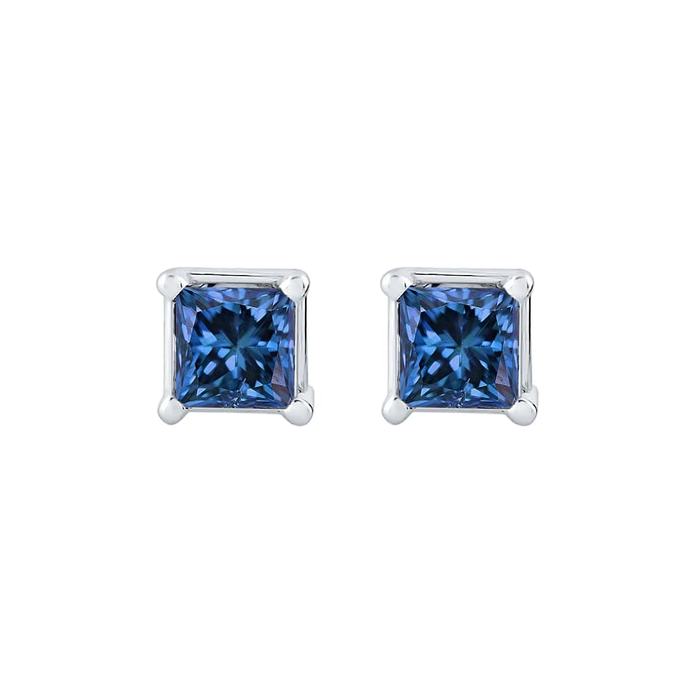 Blue - I1 Princess Cut Diamond Earring Studs in 14K Gold