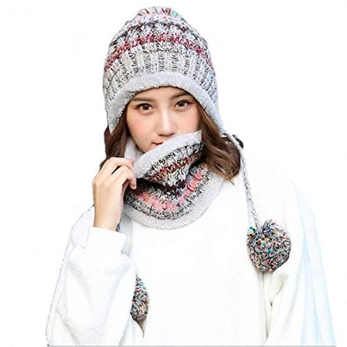 Women Knitted Hat Scarf Set Winter Warm Thicken Crochet Bobble Pom Pom Beanie Hat Cap Outdoor Ski Snowboard Cycle Bobble Hemming Hats with Fleece Lining