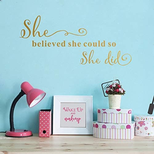 She Believed She Could So She Did Wall Sticker, Motivational Lettering Saying Quotes for Girls Bedroom Wall Decal, Positive Large Mirror Sticker Home Wall Art, Gold