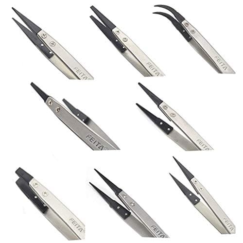 Precision Tweezers Set - FEITA Antistatic Interchangeable Fiber Tips Stainless Steel ESD Tweezers for Electronics, Jewelry Making, Labs, Hobbies (8 Pcs)