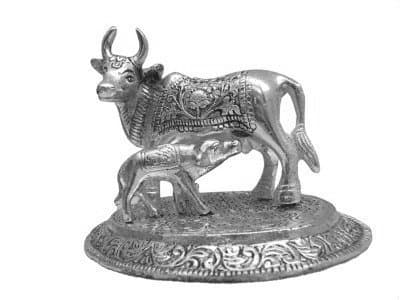 PDJ Sterling-Silver Kamdhenu Cow And Calf Idol - 3.5 X 3.5 Inch