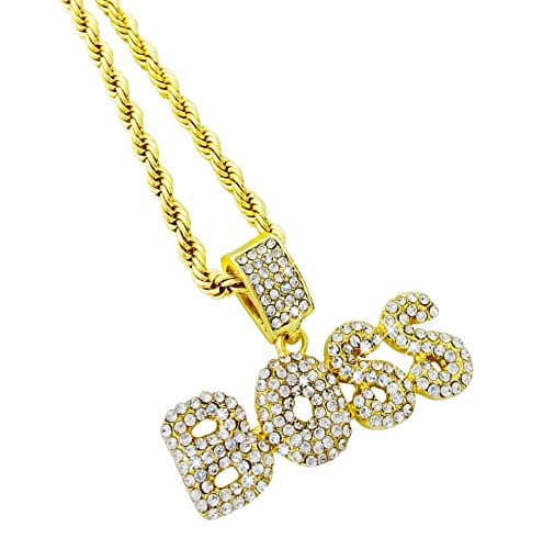 CZ Diamond Bubble Word BOSS Gold Pendant with 24" Rope Chain