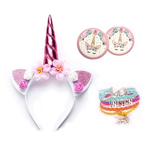 Rainbow Unicorn birthday Gift Set Flower Unicorn Headband Ears Photo Props/Handmade Unicorn Bracelet/Unicorn Brooch Pin Badge for Girls Adults Birthday Perfect Unicorn Gifts Unicorn Party Favors