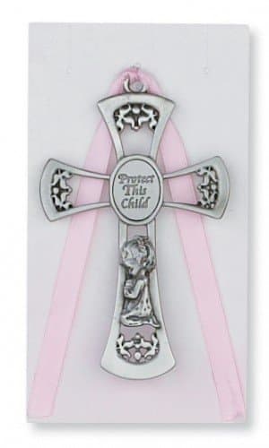 Pewter Pink Crib Cross with Card for Baby Girls