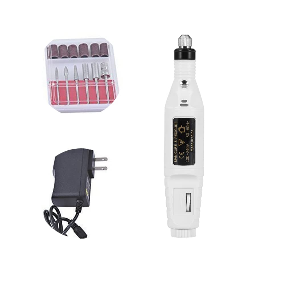 Nail Drill, 6 in 1 Professional Pen Shape Electric Nail File Manicure Pedicure Kit Handpiece Grinder with Polishing Tools(White)