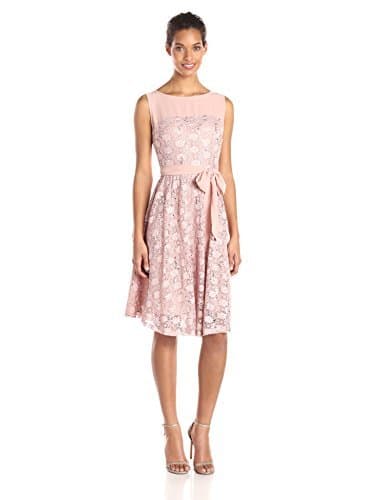 Julian Taylor Women's Sparkle Lace Illusion Fit and Flare Dress with Tie