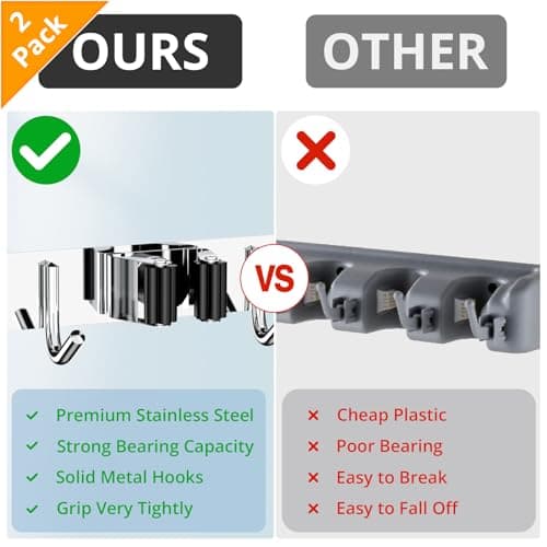 ZONGOOL 2 Pack 3 Racks and 4 Hooks Mop and Broom Holder Wall Mount, Heavy Duty Broom Hanger Organizer Storage Tool Racks Stainless Steel Self Adhesive Wall Hanger for Kitchen Garden Laundry Garage