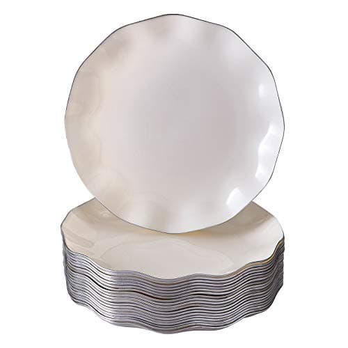 Silver Spoons DISPOSABLE DESSERT PLATES | 10 pc | Heavy Duty Plastic Dishes | Elegant Fine China Look | Veil - Ivory (6”)