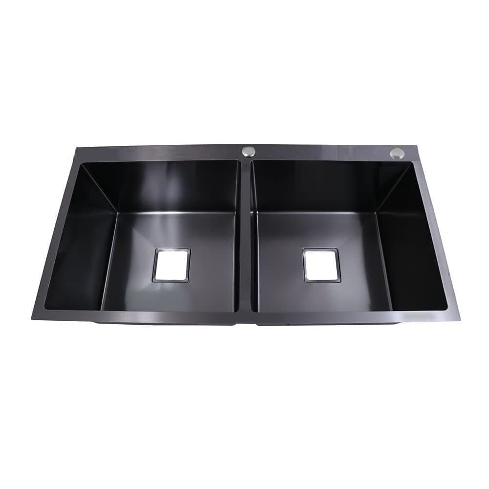 COOTER 45" x 20" x 10" Handmade 304 Grade Stainless Steel Double Bowl Kitchen Sink (45" x 20" x 10" Double Bowl With Tap Hole Black)