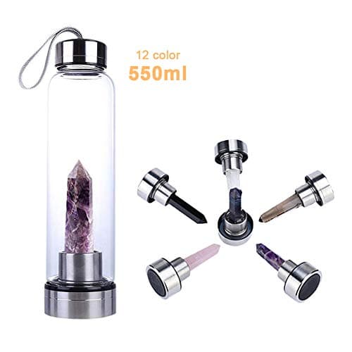 Natural Crystal Glass Water Bottle, Water Bottle with Gemstone Center Crystal Elixir Bottle with Natural Crystal Point Healing Obelisk Handheld Glass Energy Bottle (Dreamy Amethyst)