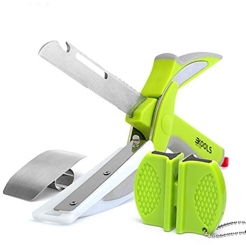 Manual Food Chopper and Multi Functional Kitchen Shears for Meat and Vegetables, Heavy Duty Stainless Steel Kitchen Scissors, Bottle Opener, Peeler, Cutting Board, Sharpener