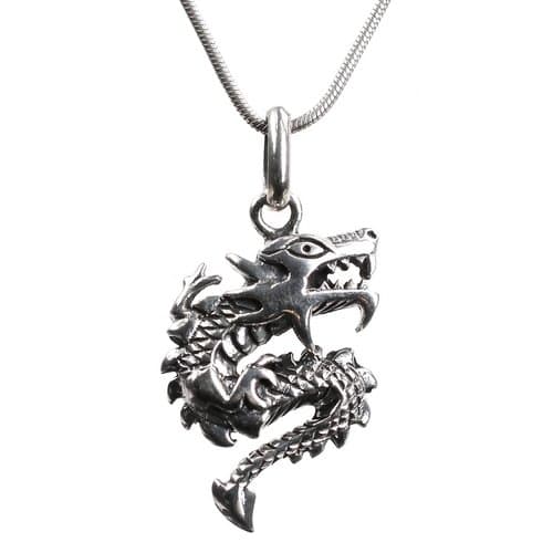Sterling Silver Chinese Dragon Symbol Pendant & 18 inch Chain - Power Strength Good Luck - Ladies Womens Mens Birthday Anniversary Present Gift Jewellery