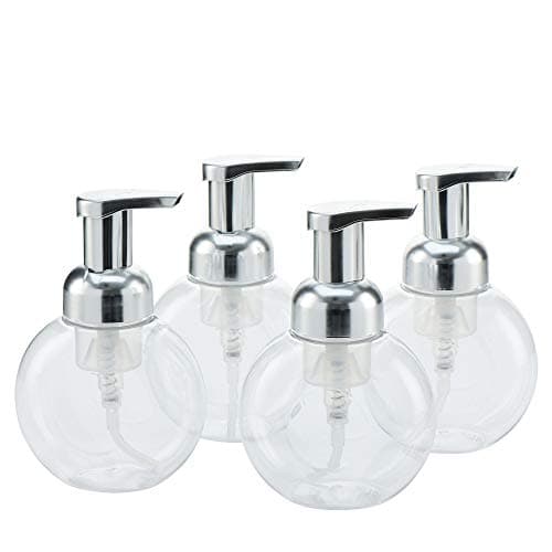 MHO Containers | Clear Foaming Soap Dispenser with Matte Silver Pump, Locking Mechanism, BPA/Paraben Free PET Plastic, 250mL/8.5fl oz - Set of 4 (Silver)